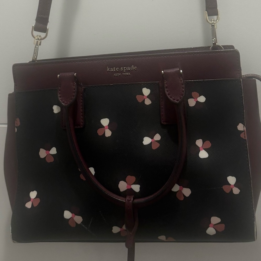 Kate Spade Black Floral Leather bag with White, pink, & burgundy Accents
